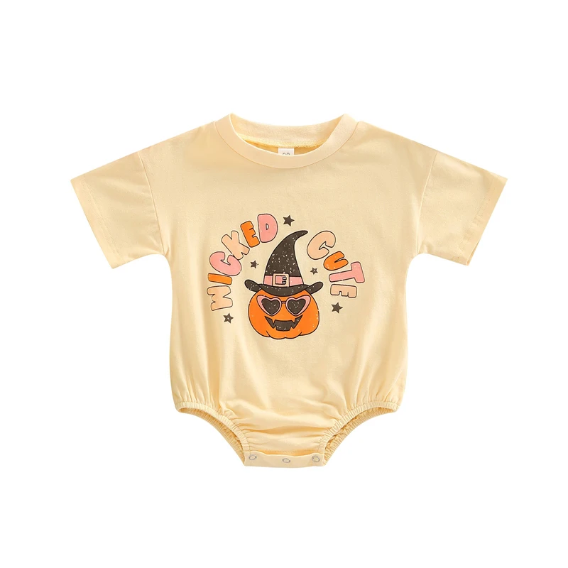 

3-24M Newborn Girl Halloween Romper Short Sleeve Pumpkin Letter Printed Round Neck Bodysuit Casual Simple Style Short Jumpsuit