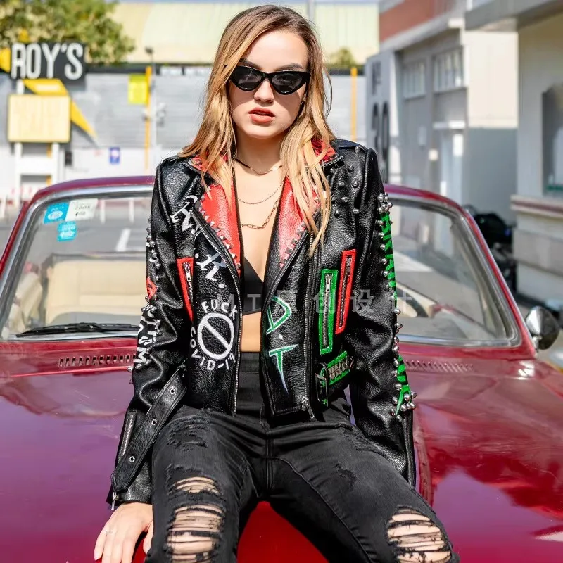 Punk Studded Leather Jacket Women 2023 Trend Slim-fit Short Fashion Streetwear Contrast Printed Faux Leather Biker Jacket