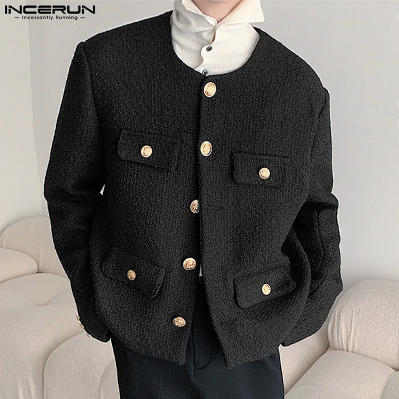 

Fashion Men Jackets Solid Color O-neck Long Sleeve Button Elegant Casual Men Thin Coats 2022 Streetwear Outerwear S-5XL INCERUN