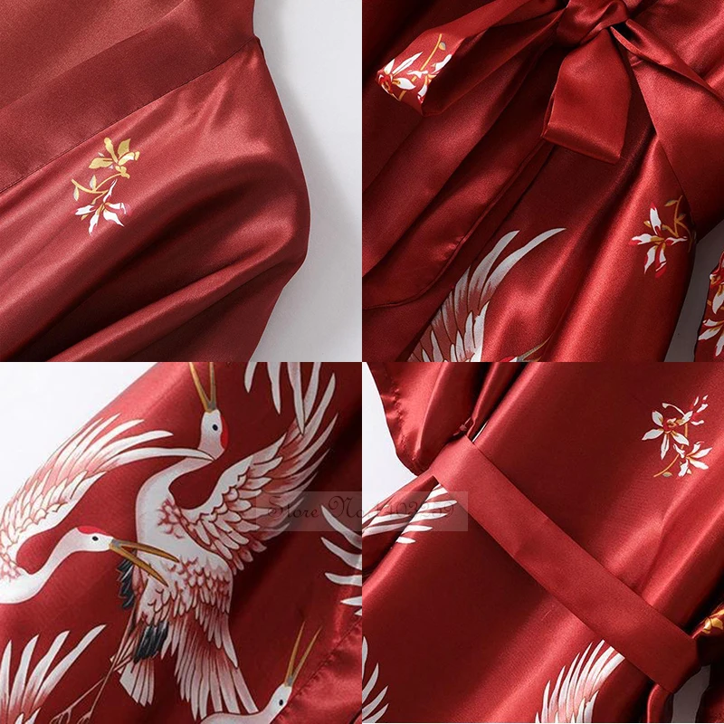 Атласный халат-кимоно с принтом журавлей