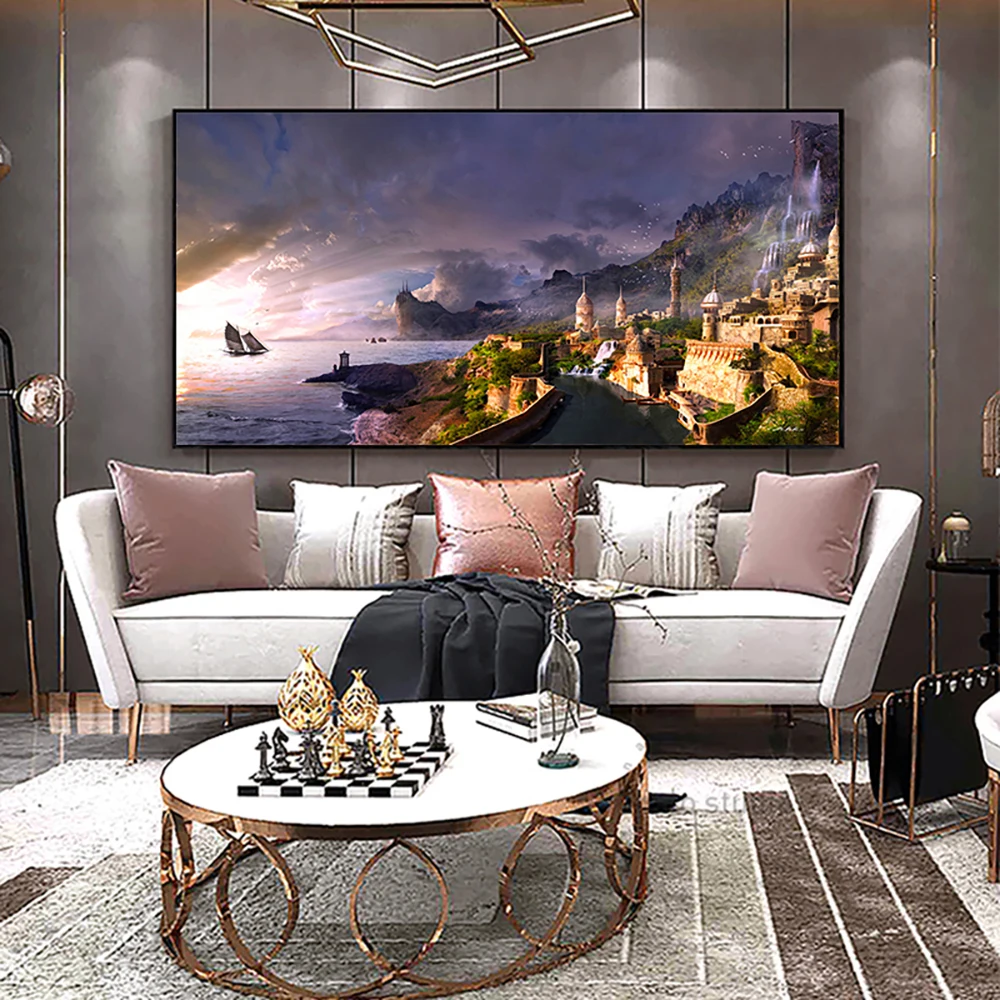 

Canvas Painting Seaport Sunset Landscape Art HD Painting Poster Wall Scenery Picture Poster Living Room Bedroom Home Decor