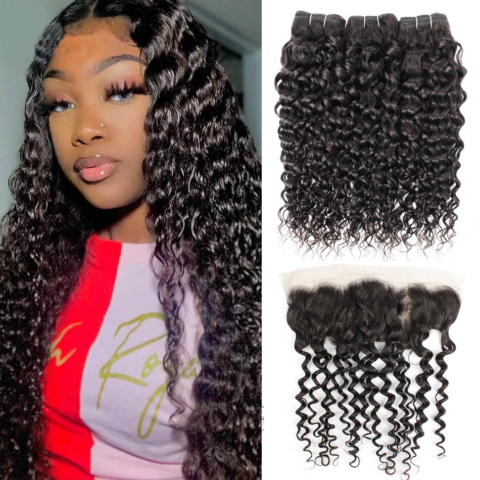 Water Wave Bundles With Frontal Transparent Lace 13x4 Closure Natural Color 10-30inch Remy Human Hair weave Extension MOGUL HAIR