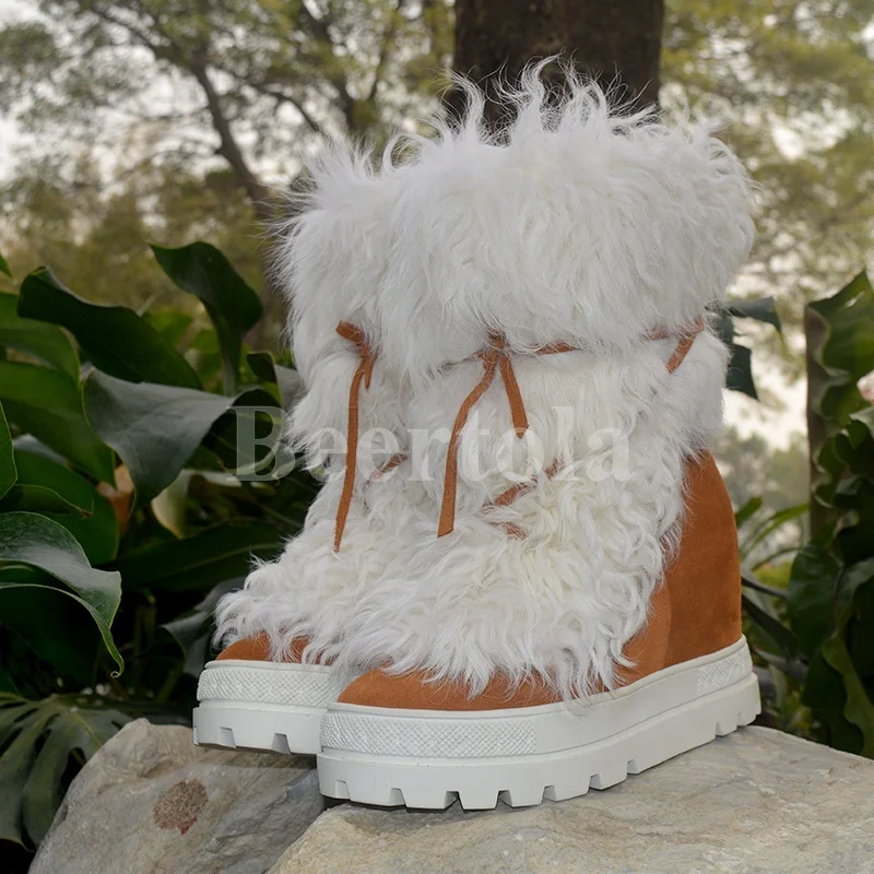

Зимние теплые женские сапоги из чистой шерсти, сапоги на танкетке со шнуровкой, до середины икры, увеличивающие рост, женская уличная меховая обувь на платформе 10 см