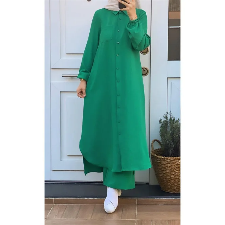 Eid Mubarak Abaya Turkey Hijab Two-piece Muslim Sets Dress Caftan Kaftans Islam Clothing 2 Piece Set Women Loose Wide Leg Pants