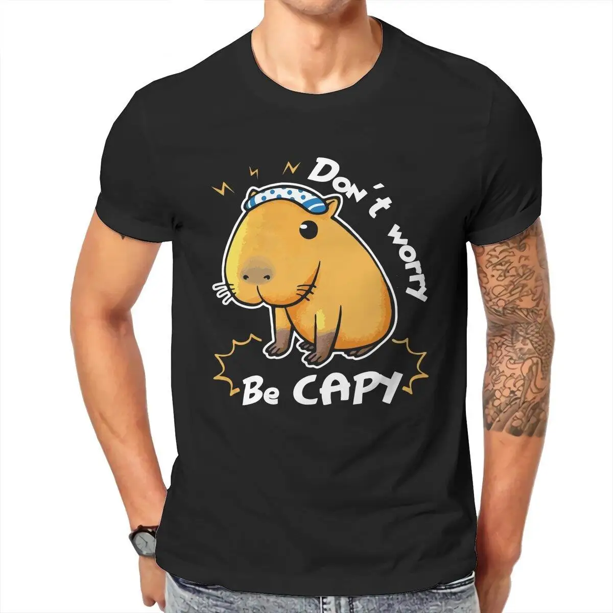 Capybara Don't Worry Be Capy  Men's T Shirt Animal Funny Tees Short Sleeve Round Collar T-Shirt Cotton Birthday Gift Clothing