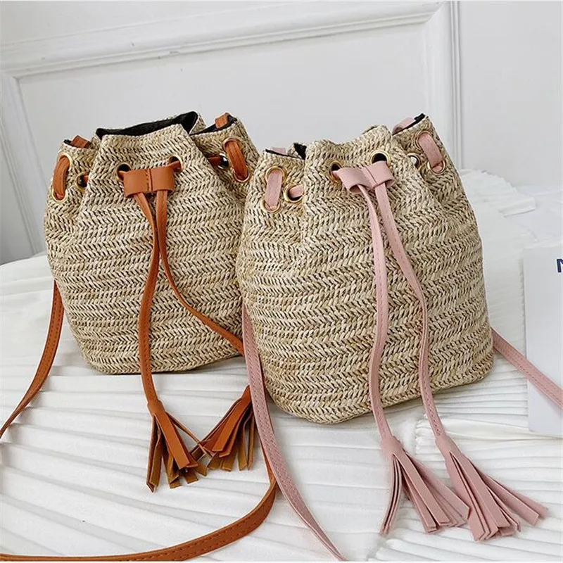 Drawstring Women's Straw Bucket Bag Summer Woven Shoulder Bags Shopping Purse Beach Handbag Straw Handbags Travel Bag