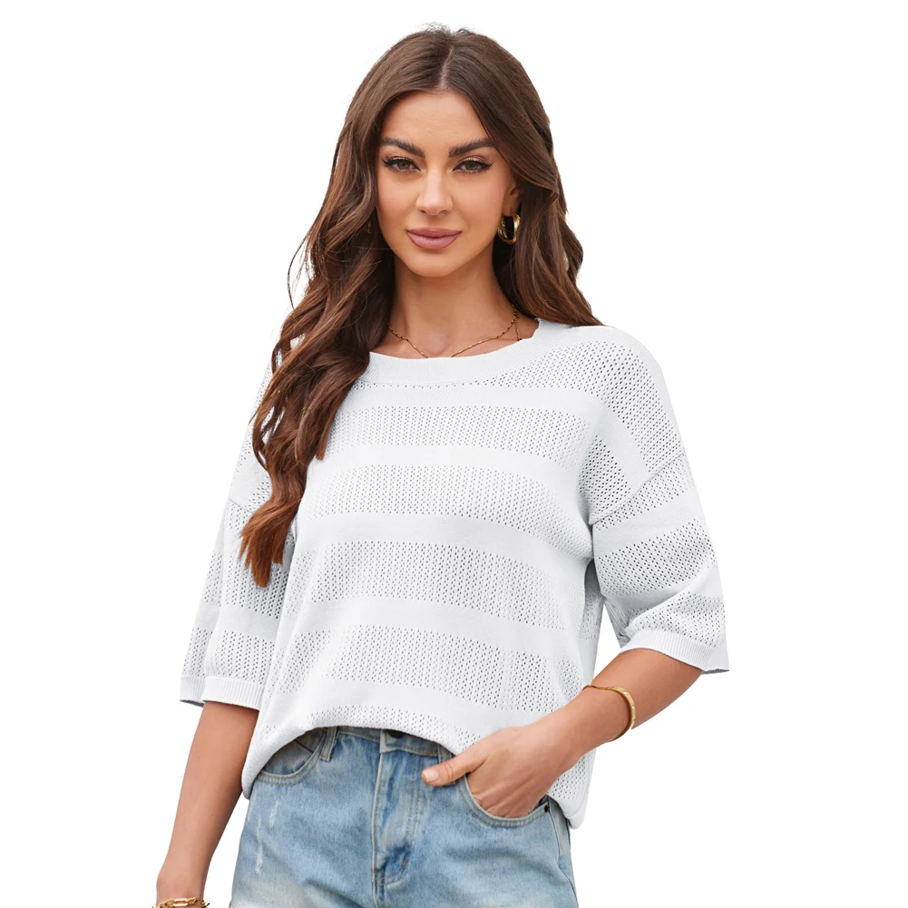 Женская футболка GK с вырезами Вязаная Летняя Повседневная дышащая рукавом 1/2 и