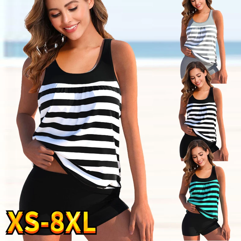 

New 2022 Women Sexy Swimsuit Stripde Printed Swim Tankini Monokini Swimwear Bathing Suit Two Pieces Summer Beachwear