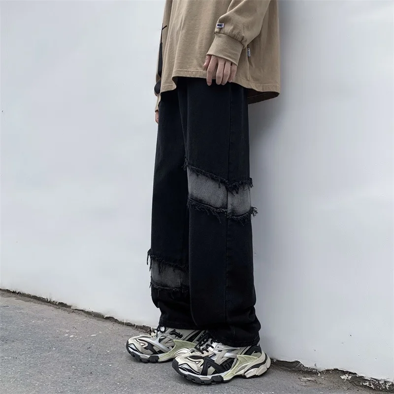 DEEPTOWN Gothic Patchwork Jeans Men Ripped Black Denim Pants Male Vintage Straight Trousers Streetwear Hip Hop Fashion Spring