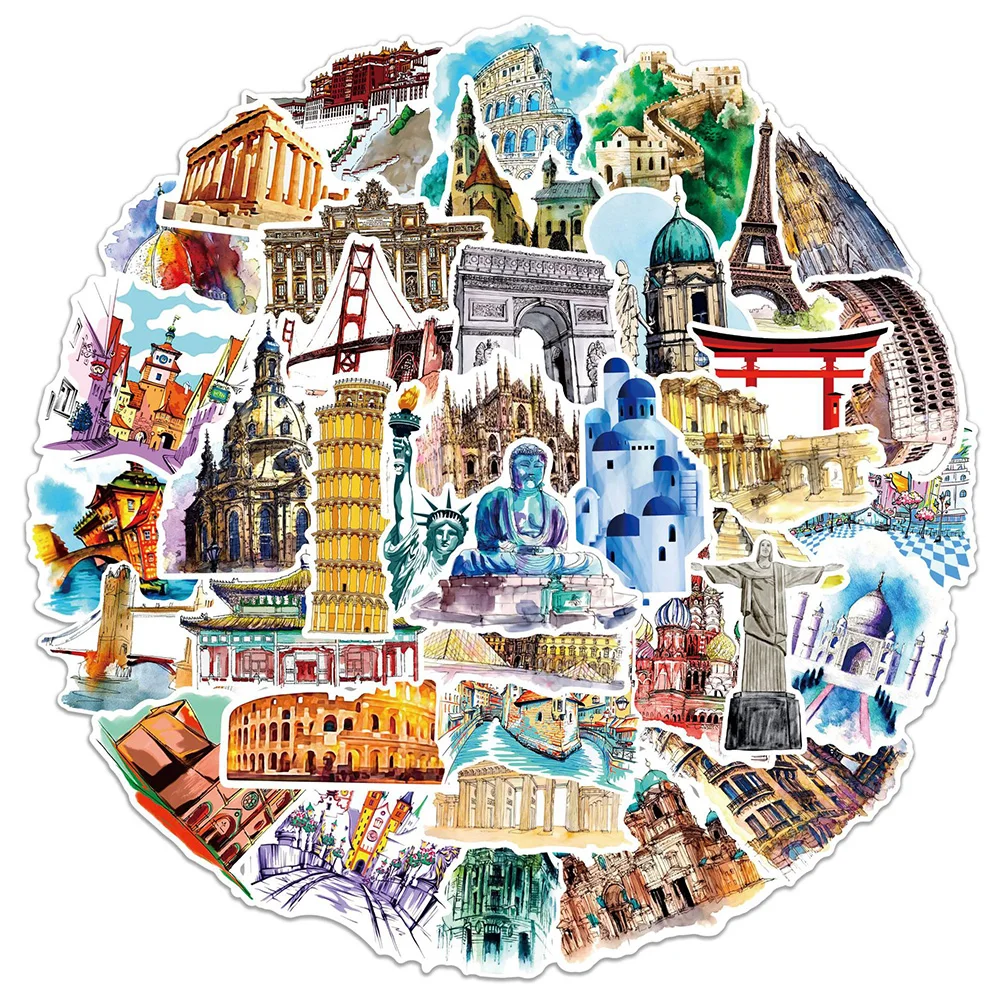 

10/30/50PCS Travel World Famous Building Landmark Stickers Decal Skateboard Phone Laptop Notebook Car Luggage Decoration Sticker