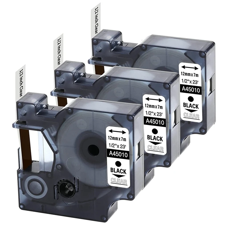 

3 Pcs 45010 Transparent Black Bottom Compatible With 12Mm X 7M Label Tape Replacement D1 Label Machine Ribbon For DYMO