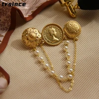 luxury gold color coin pearl tassel brooch french retro geometric chain tassel brooches trendy design accessories