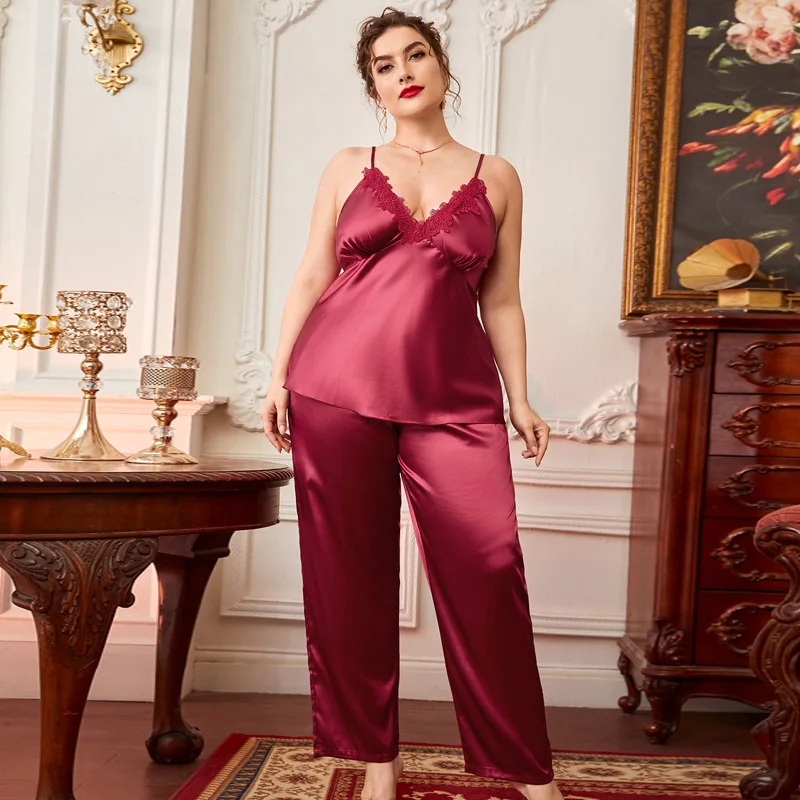

Jxgarb Two Pieces Ladies Sexy V Neck Sleeveless Long Pants Ice Silk Home Clothes Pajamas Sets Summer Homewear XXXXXL Size