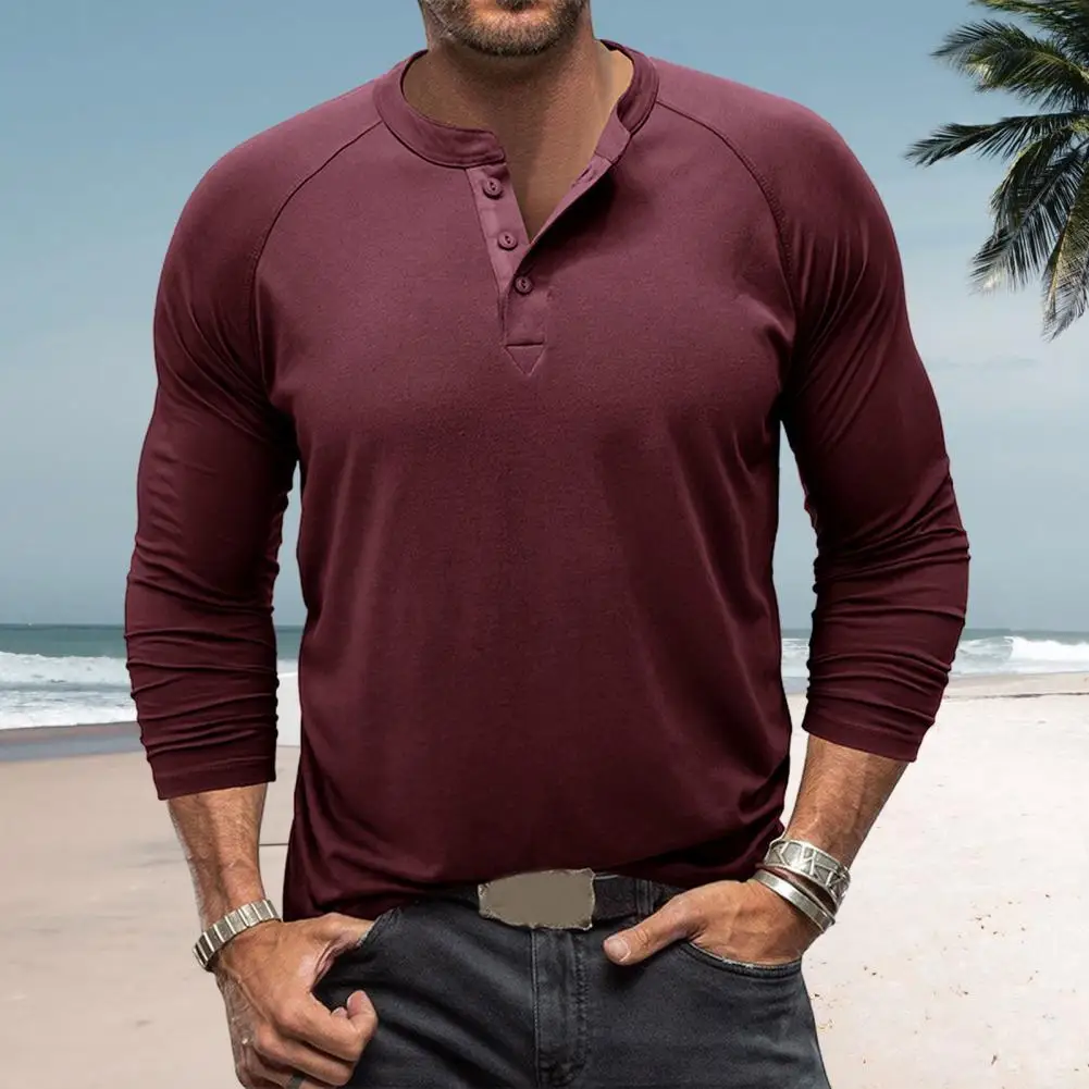 

Jacket With Buttons Stylish Men's Button Closure Jacket Breathable Long Sleeve Henley T-shirt With Versatile Solid Color Design