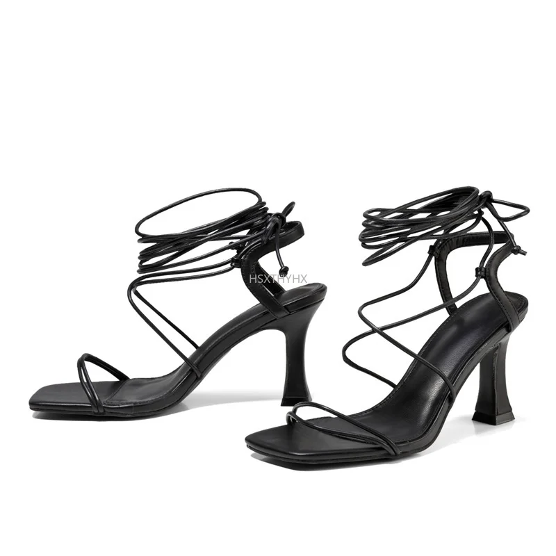 

Summer Fashion Narrow Band Women Sandals Sexy Ankle Strap Lace-up High Heels Gladiator Sandals Casual Black Office Lady Shoes