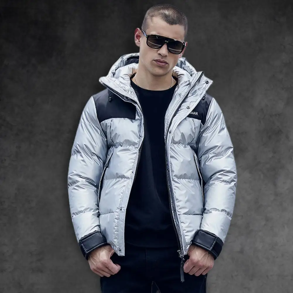 Men Jacket Patchwork Hooded Windproof Plus Size Cotton Padded Windbreaker for Daily Wear