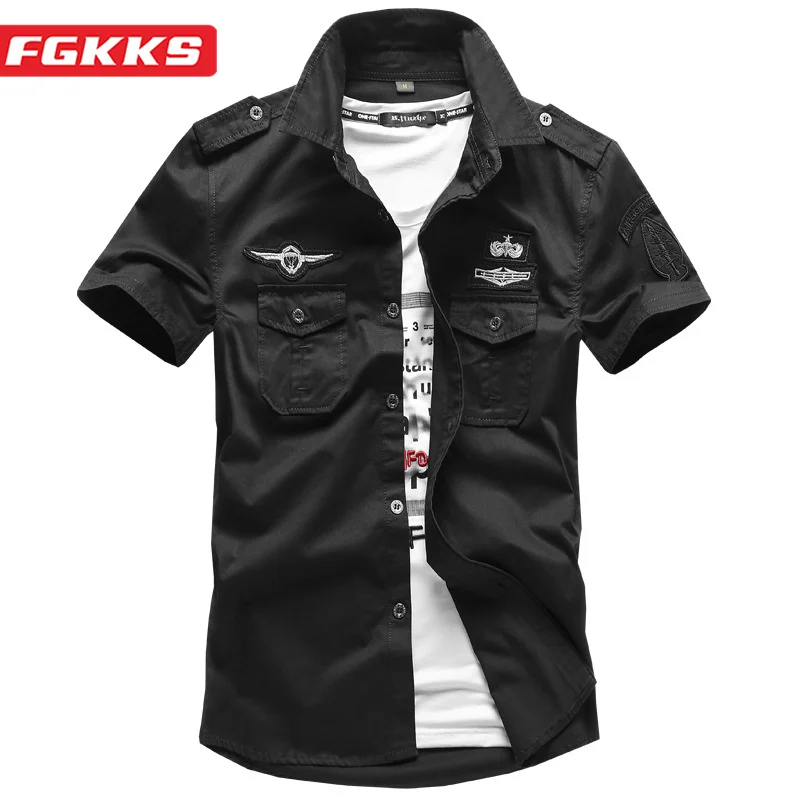 

FGKKS 2023 Мужская Повседневная рубашка из хлопка в стиле милитари с коротким рукавом, высокое качество, хит продаж, мужская рубашка