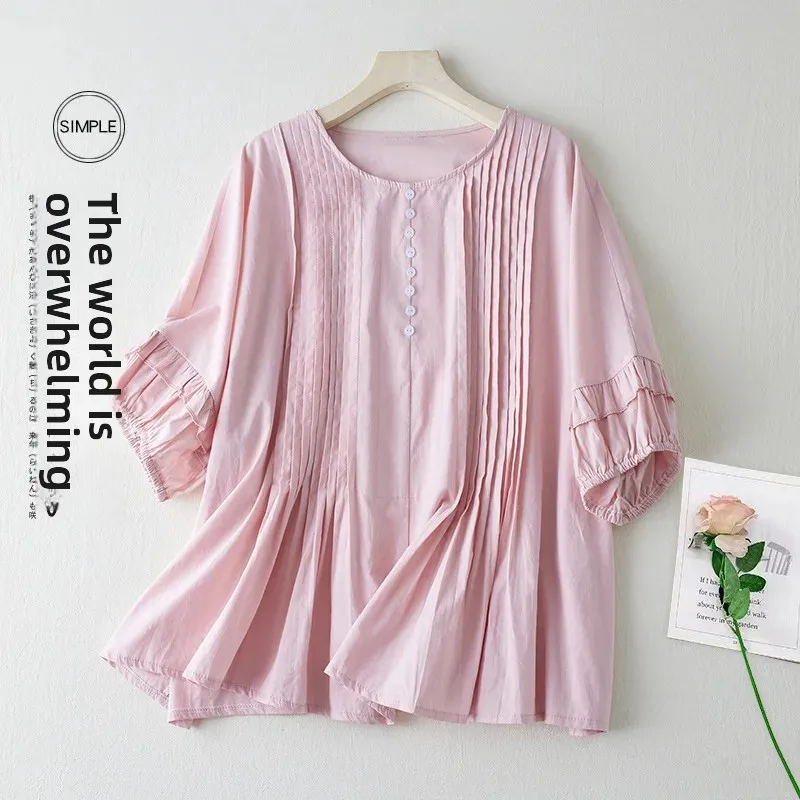 Летняя милая складка-аккордеон с круглым вырезом хлопково-льняная свободная