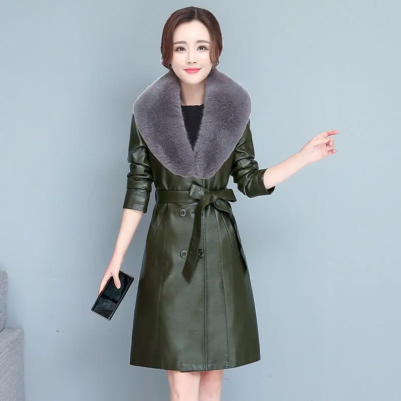 M-7XL Leather Jacket Women's Mid-length Slim Belt Windbreaker CoatLadies Sheepskin Autumn and winter Genuine Leather warm Jacket