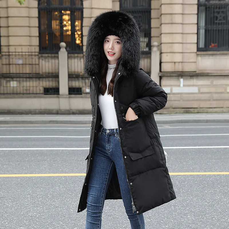 2022 New Winter Women's Removable Fur Jacket Drawstring Zipper Pocket Windproof Long Coat Cotton Paaded Clothing