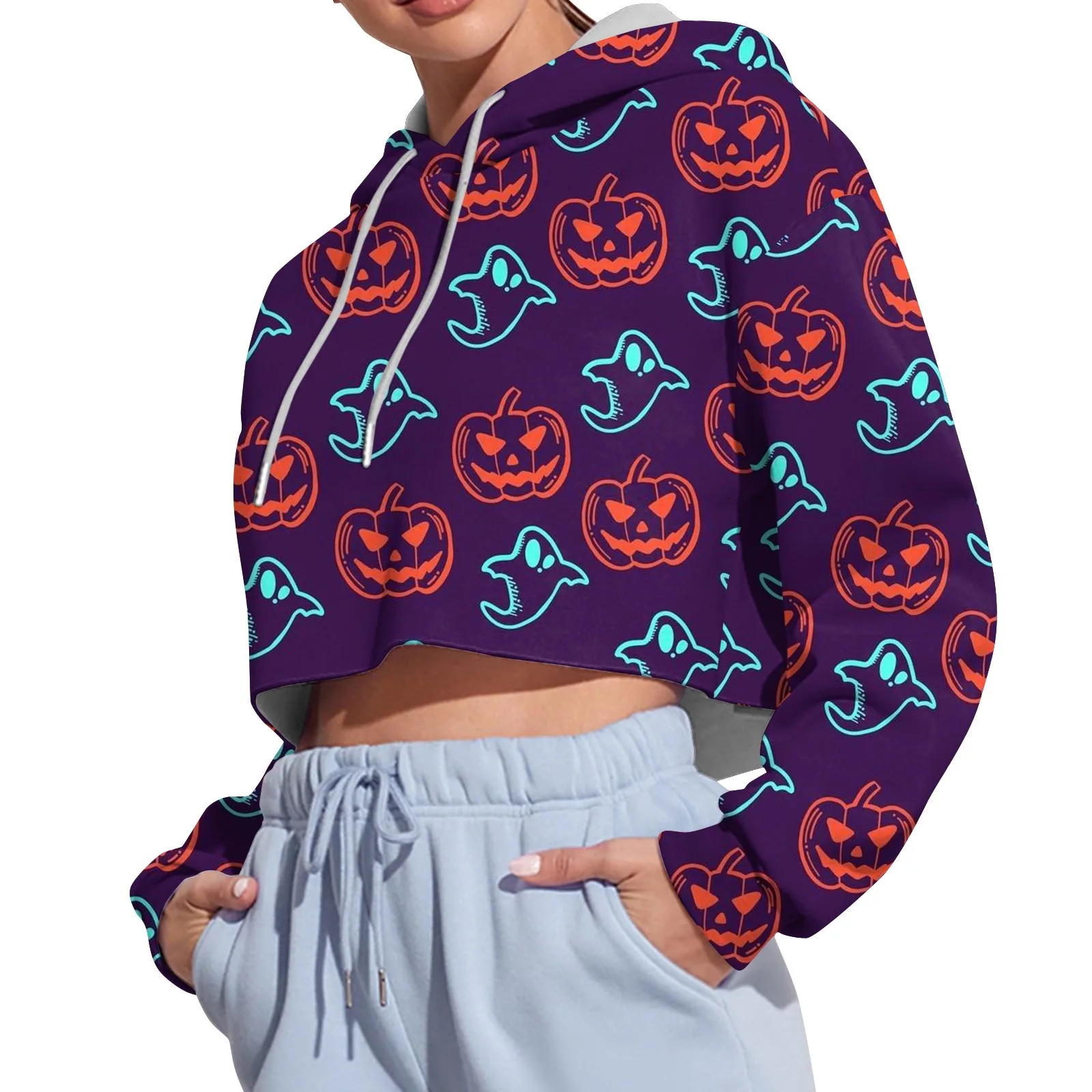 

Худи с принтом в стиле Хеллоуин, Женский пуловер до пупка, Свободный топ с длинными рукавами, короткая модная женская Толстовка на весну и осень