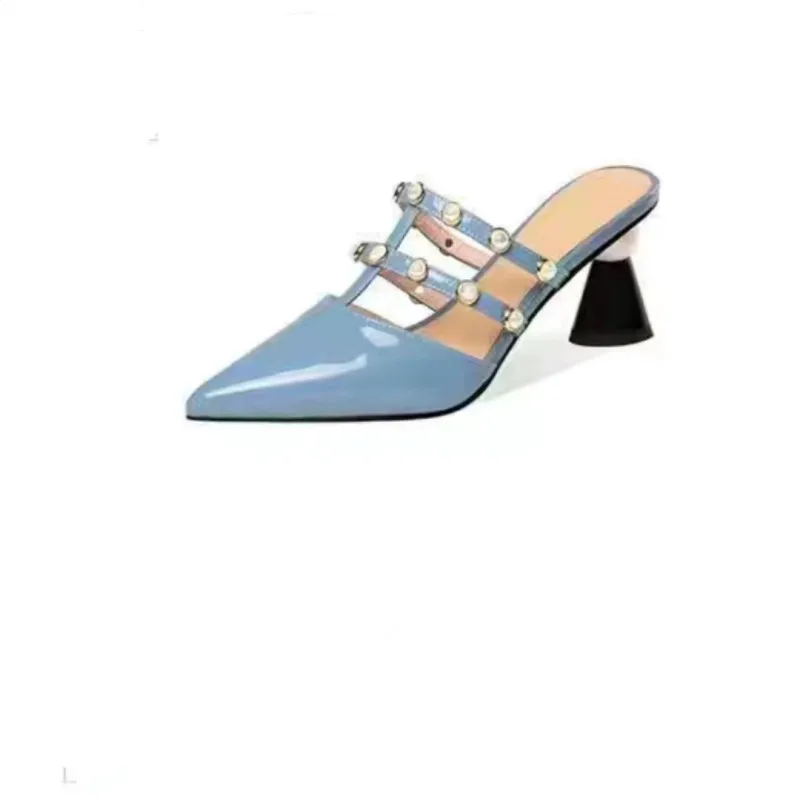 2023 Summer New Soft Patent Leather Pointed Toe Toe Sandals and Slippers Pearl High Heel Shaped Heel Fashion Women's Shoes