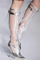 silver gold pvc knee high gladaitor boots linamong newest pattern leather transparent stiletto heel long boots party dress shoes