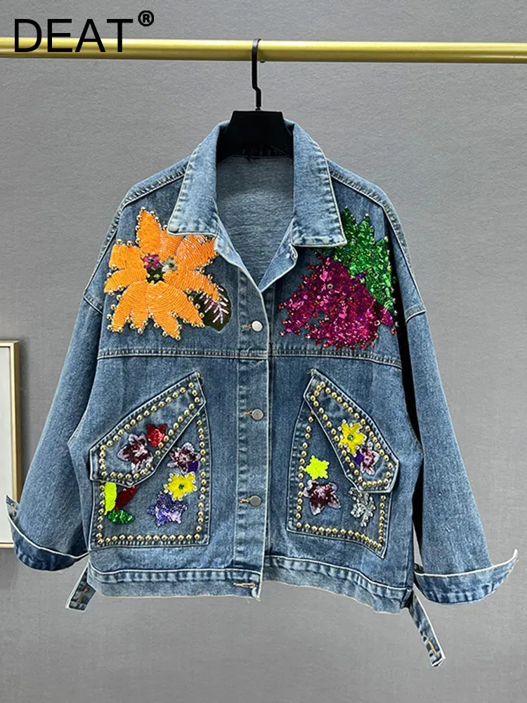 

DEAT Women Denim Coat Rivet Sequins Flowers Stars Strawberry Long Sleeve Single Breasted Jackets 2023 Autumn New Fashion 29L4046