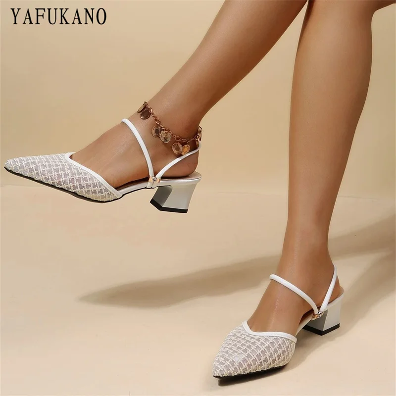 

Mesh Panel Binding Point Toe Chunky Heeled Multi-way Wear Pumps Slingback Shoes Summer Sandals Women Slippers