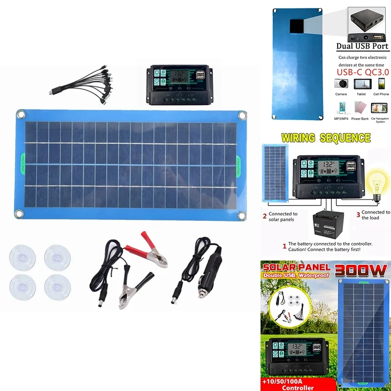 

300W Solar Panel 12V 5V Dual USB Controller Waterproof Monocrystalin Solar Cells Battery Charger