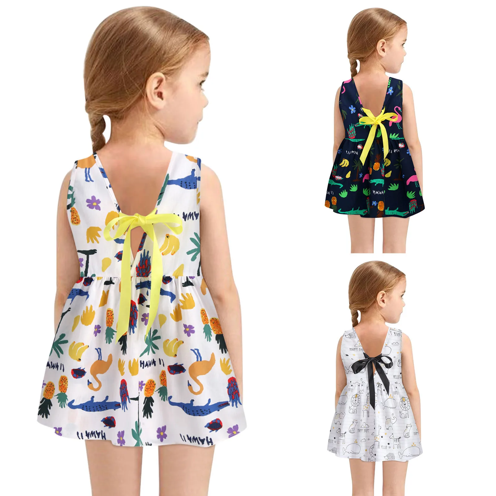 

1-6 Years Baby Girls Sleeveless Bowknot Print Dresses Clothes Kids Girl Summer Princess Dress Children's Party Dress Outfit