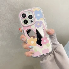 아이폰 14, 13, 12, 11, 15 프로 맥스용 사랑스러운 하드 충격 방지 후면 커버, 한국 달콤한 사랑 하트 꽃 거울 전화 케이스