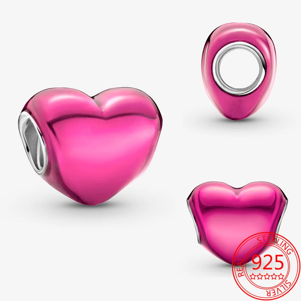 

Sparkling Metallic Pink Enamel Heart Charm for Original Pandora Bracelet 925 Sterling Silver Charm DIY Girls Fine Jewelry Gift