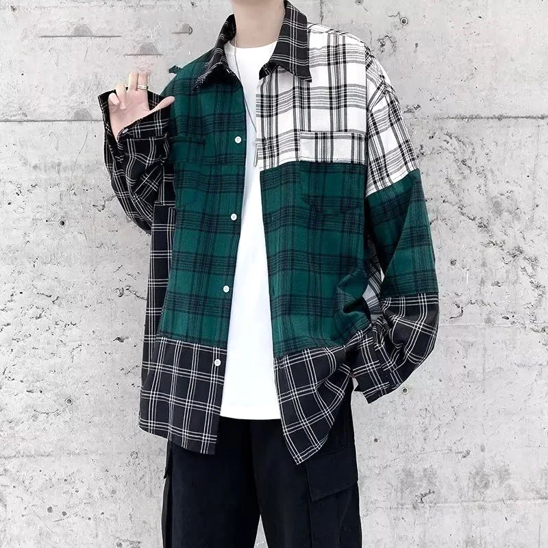 Lattice Printing Spliced Shirts Turn-down Collar Casual Four Seasons Men's Clothing Single Breasted Pockets Decorate Tops Trend