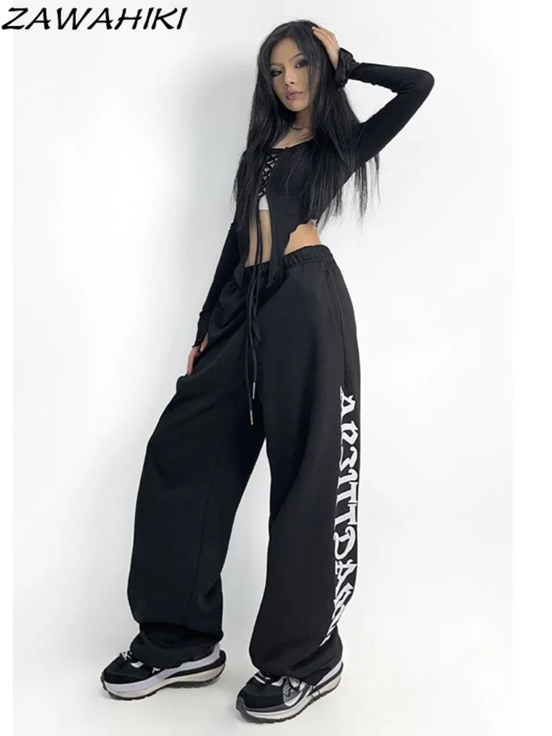 

Women Casual Joggers Letter Print Pants Solid Low Waist Drawstring Baggy Trousers Y2K Wide Leg Sweatpants Streetwear Cargo Pants