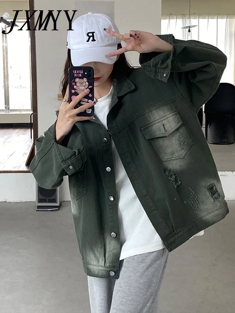 2022 Spring New Fashion Denim Jacket Women's Retro Old Ripped Hole Tie-Dye Loose Casual Long-Sleeved Clothing |