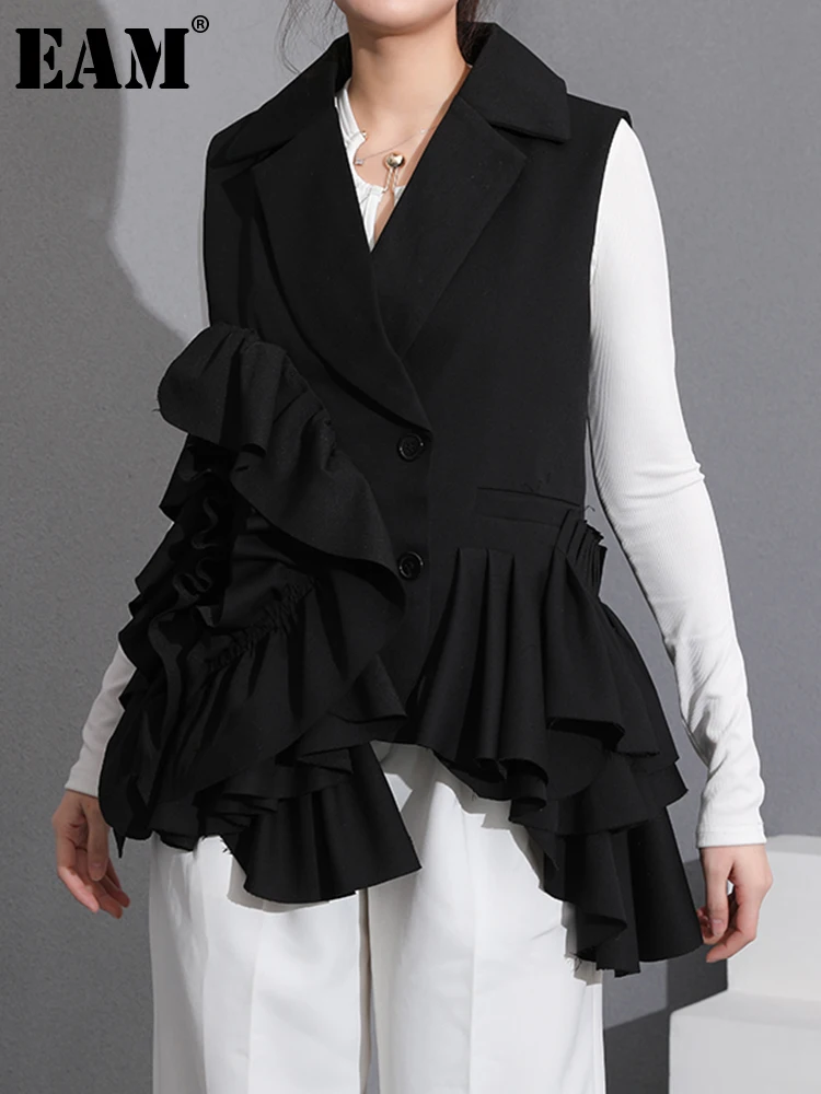 

[EAM] Women Loose Fit Black Irregular Ruffles Casual Vest New Lapel Sleeveless Fashion Tide Spring Autumn 2023 16Q71301
