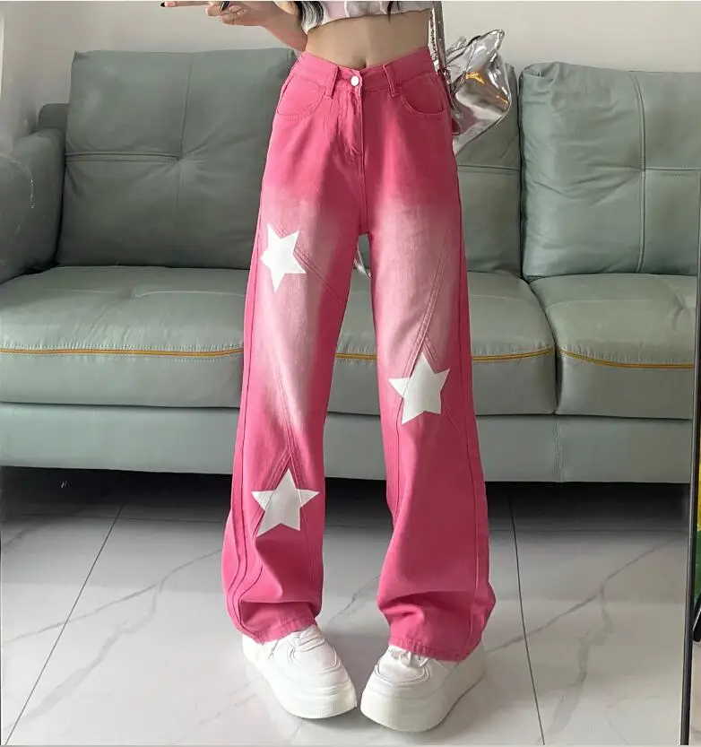 

Розовые мешковатые джинсы Y2k с завязками, женские уличные джинсовые брюки в американском стиле с принтом звезд, брюки с высокой талией w847