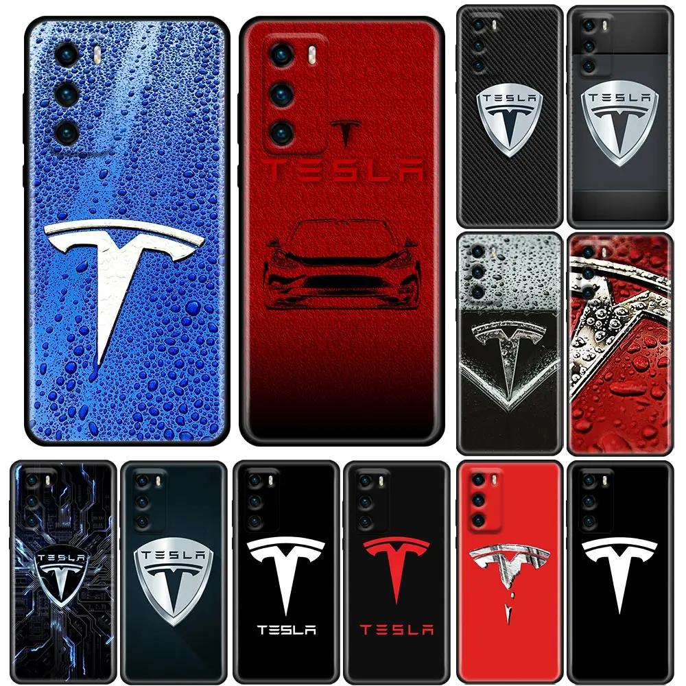 

New Energy T-Tesla Vehicle Case For Huawei P50 P50E P40 P40E P30 P20 P10 P Smart Z 2019 2020 2021 Pro Plus Lite Black Soft Cover