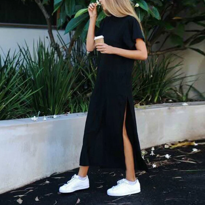 

2022 Summer New Solid Casual Round Neck Split Dress for Women