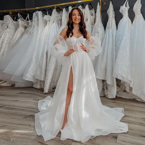 Sexy Sweetheart Side Split Organza Wedding Dresses A Line With Detachable Sleeves Sweep Train Bridal Grown Vestido De Fiesta