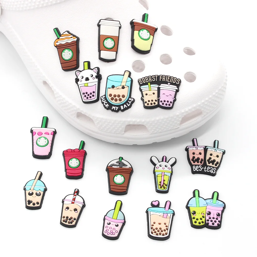 

1pc Croc JIBZ Cute Cartoon Milk Tea Shoe Charms For Clogs Garden Sandals Decoration Funny Accessories For Kids Party X-mas Gift