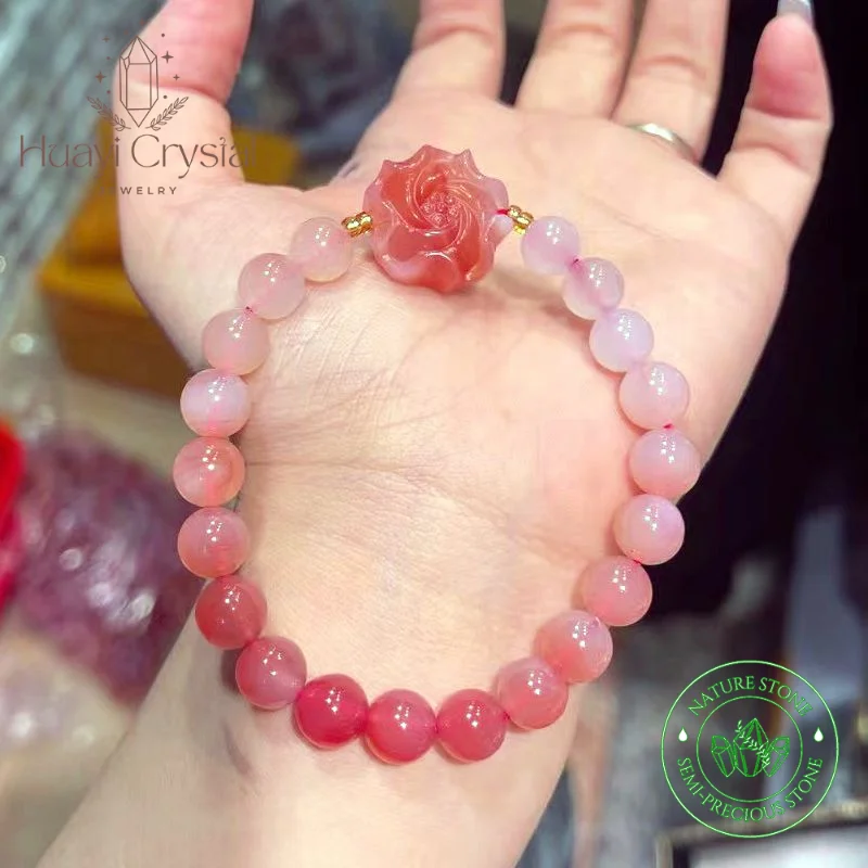 

Natural Gradient Rock Salt Agate Round Bead Bracelet Carved Camellia Dots Charm Women Jewellery Gift