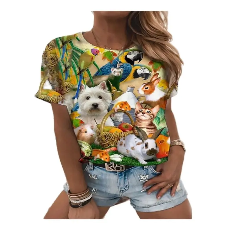 

3D Cat Painting T-shirt Women Cat Image 3D Printing Round Neck Basic Retro Regular Version New Summer Style Hot Sale