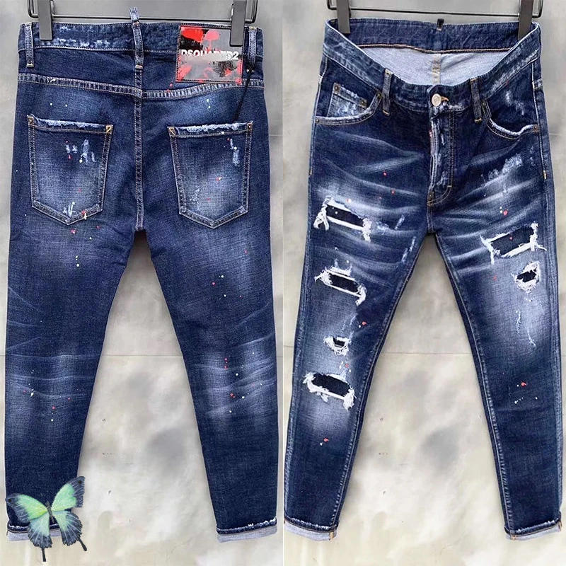 

Ripped Hole Damage Fashion Button Fly Denim Pants Slim Fit New Design DSQ2 Men Blue Jeans