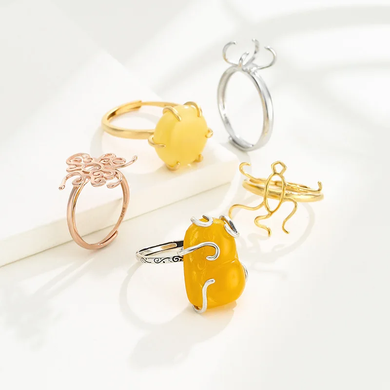 S925 Sterling Silver Ring Empty Set Female 18K Gold Wax Amber Turquoise Shaped Ring Empty DIY Jewelry Making Accessory Wholesale