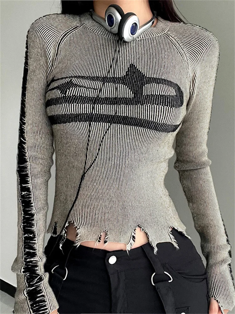 

2023 винтажная эстетичная трикотажная футболка Y2k гранж-эстетика состаренная футболка в стиле панк с разбитой кожей тонкие ребристые футболки уличная одежда