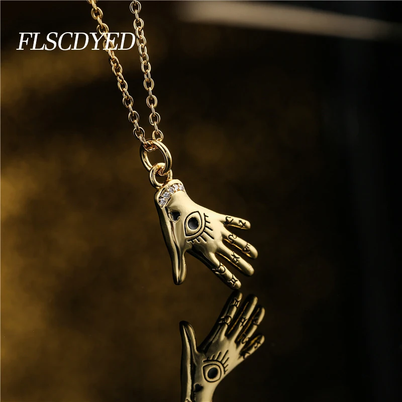 

FLSCDYED Punk Vintage Gold Color Necklace for Men Women Devil's Eye Gloves Zirco Pendant Hip Hop Rock Party Fashion Jewelry Gift