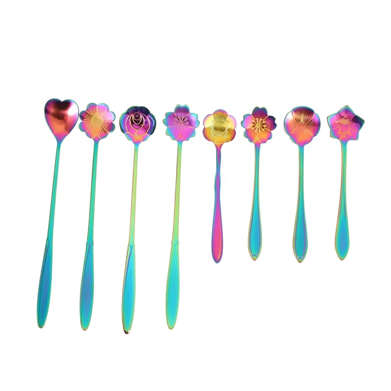 

8Pcs Flower Spoon Set, 2 Different Size Colorful Stainless Steel Teaspoons Rainbow Coffee Stirring Spoon
