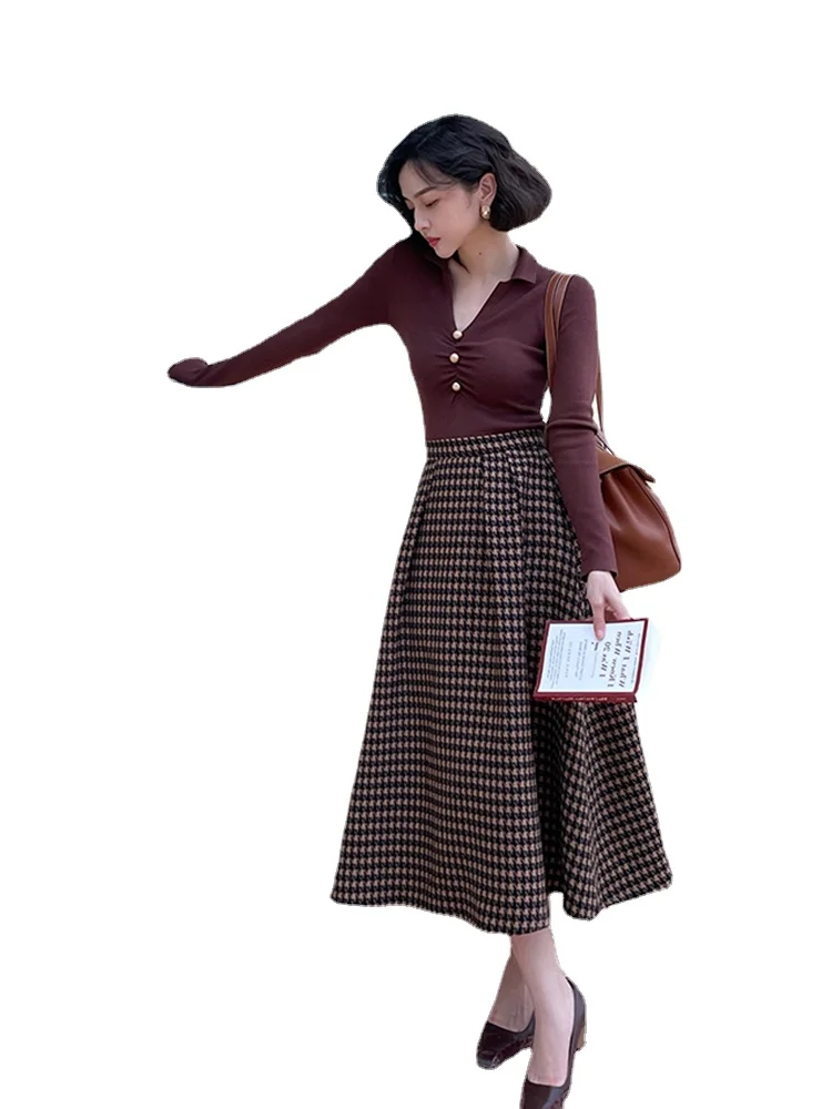 

Autumn New Women Casual Size 3XS-10XL Retro Vintage Houndstooth Print Elegant Empire Waist Maxi Long A Line Skirt